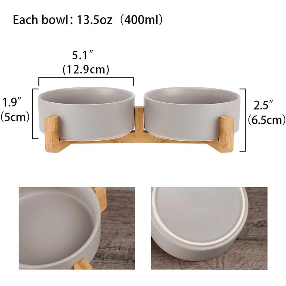 HCHLQLZ Grey Ceramic Cat Dog Bowl Dish with Wood Stand No Spill Pet Food Water